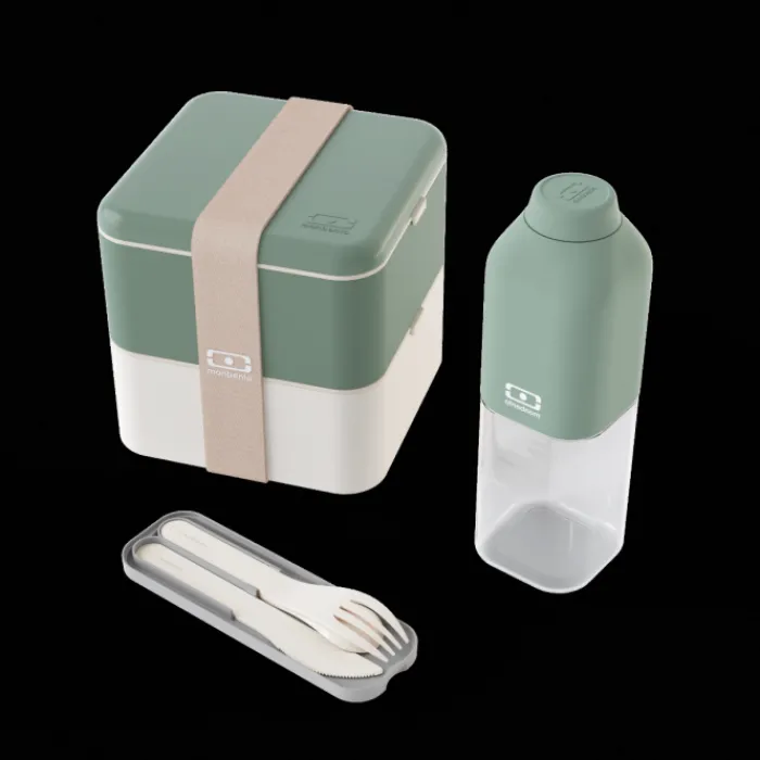 Monbento 50 - 70 €>Set MB Square green Natural + bottle